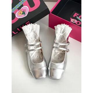Square Toe Double-Strap Chunky Heel Mary Jane Pumps Silver - 35 by STEPUP