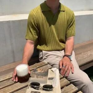 Short Sleeve V-Neck Plain Ribbed Knit Polo Top Green 282366370