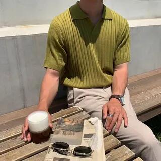 Short Sleeve V-Neck Plain Ribbed Knit Polo Top Green by Double White