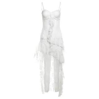 Spaghetti Strap Lace Panel Ruffled Asymmetric-Hem Mini Dress White by Sosana
