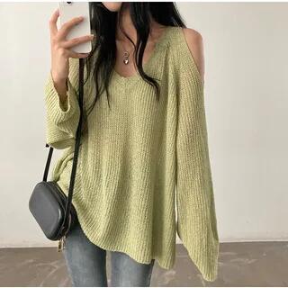 V-Neck Cold-Shoulder Plain Sweater Green by PINPI