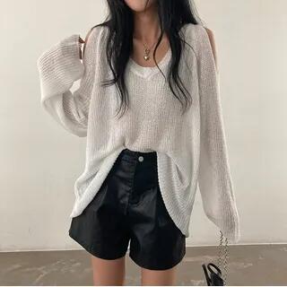 V-Neck Cold-Shoulder Plain Sweater White by PINPI