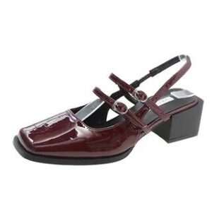 Chunky Heel Square Toe Plain Buckled Slingback Mary Jane Sandals Wine Red 282384265