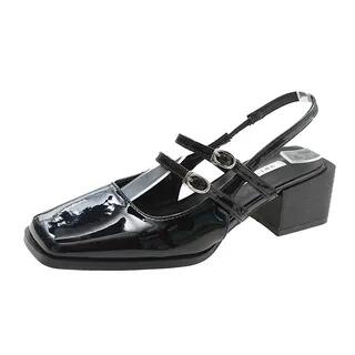 Chunky Heel Square Toe Plain Buckled Slingback Mary Jane Sandals Black - 39 by Anran