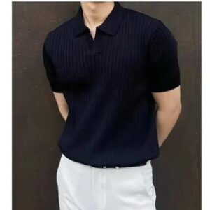 Short-Sleeve Collared Plain Ribbed Knit Top X009 - Black | Acrius 282384285