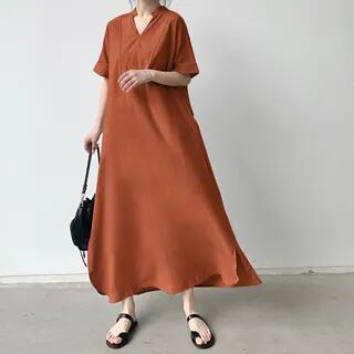 Elbow-Sleeve Stand Collar Plain Maxi Tunic Dress Brown by Lucuna
