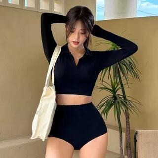Long-Sleeve Polo-Neck Bikini Set Set Of 2 - Top & Bottom - Black by Faiar