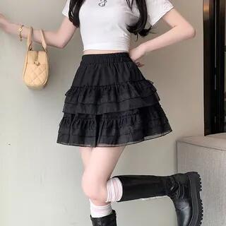 High Rise Plain Ruffle Lace Trim Mini A-Line Skirt Black by Wildfoea
