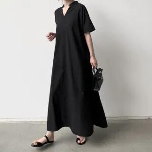 Elbow-Sleeve Stand Collar Plain Maxi Tunic Dress Black 282384489