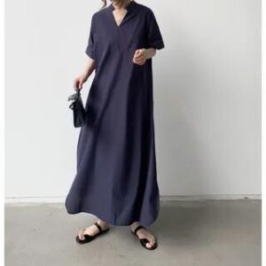 Elbow-Sleeve Stand Collar Plain Maxi Tunic Dress Navy Blue 282384490