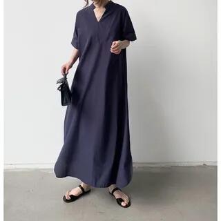 Elbow-Sleeve Stand Collar Plain Maxi Tunic Dress Navy Blue by Lucuna
