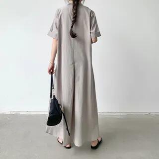 Elbow-Sleeve Stand Collar Plain Maxi Tunic Dress Gray by Lucuna