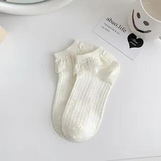 Plain Ruffled Socks Vertical Stripe - Beige by MOGLA