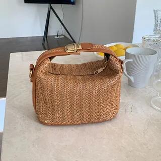 Plain Structured Straw Zip Hand Bag Brown by Indenis