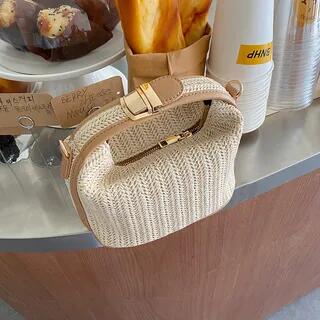Plain Structured Straw Zip Hand Bag Beige by Indenis