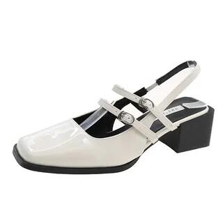 Chunky Heel Square Toe Plain Buckled Slingback Mary Jane Sandals Off-White - 39 by Anran