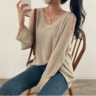 V-Neck Cold-Shoulder Plain Sweater Almond by PINPI