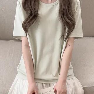 Short Sleeve Round Neck Plain T-Shirt Light Green by Glotto