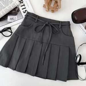 High Rise Plain Pleated Mini A-Line Skirt Dark Gray | DIYI 282384946