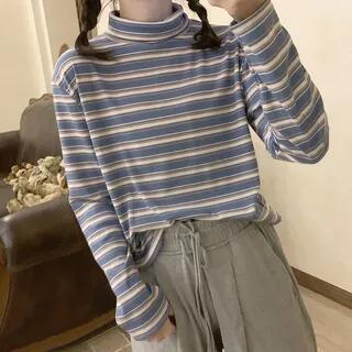 Long Sleeve Turtleneck Striped T-Shirt Stripe - Blue & White by Glotto
