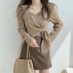Long-Sleeve Square Neck Plain Asymmetrical Crinkle Crop Blouse Khaki 282392283