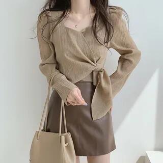 Long-Sleeve Square Neck Plain Asymmetrical Crinkle Crop Blouse Khaki by Happo