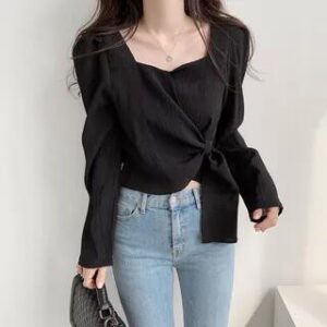 Long-Sleeve Square Neck Plain Asymmetrical Crinkle Crop Blouse Black 282392284