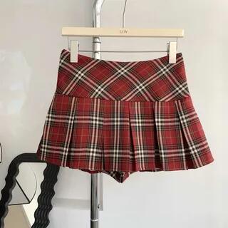 Low Rise Plain Pleated Mini A-Line Skirt Plaid - Wine Red by Kenning