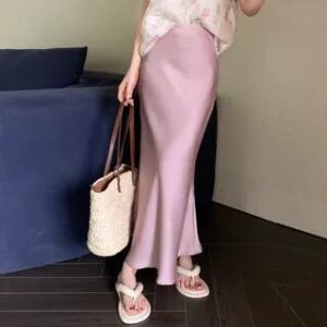 High Waist Plain Satin Maxi Mermaid Skirt Pink 282392319