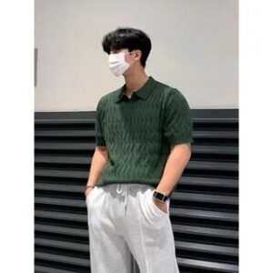 Short-Sleeve Collar Plain T-Shirt Green 282392336
