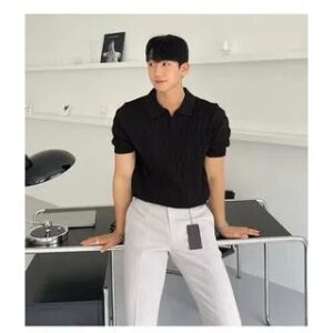 Short-Sleeve Collar Plain T-Shirt Black 282392338