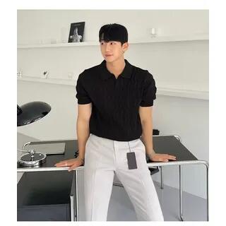Short-Sleeve Collar Plain T-Shirt Black by Urtishia
