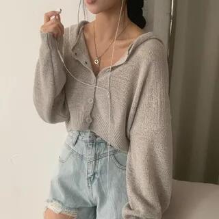 Plain Hooded Crop Cardigan Gray by MIKIGA