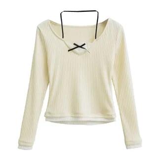 Long Sleeve Mock Two Piece Lace Panel Knitted Slim-Fit Top Almond by Asiris