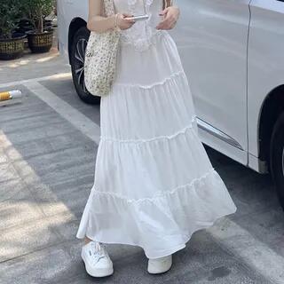 High Rise Plain Maxi A-Line Skirt / Lace Trim Tank Top Skirt - White by Metonymph