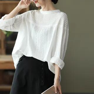 Long-Sleeve Crew Neck Plain Pintuck Panel Eyelet Lace Blouse White by MIKIGA