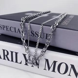 Layered Chain Bracelet / Necklace T-Bar Necklace - Glossy - Long Edition - Silver - 55cm by Soosina