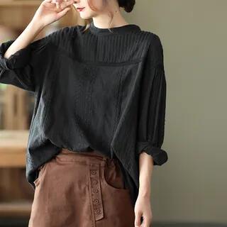 Long-Sleeve Crew Neck Plain Pintuck Panel Eyelet Lace Blouse Black by MIKIGA