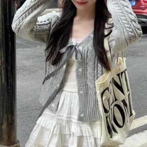 V-Neck Tie Front Cardigan Cardigan - Gray 282392780