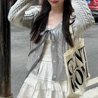 V-Neck Tie Front Cardigan Cardigan - Gray by Metonymph