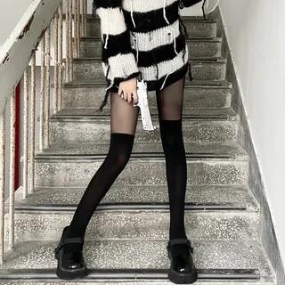 Mock Two-Piece Two Tone Tights Mock Two-Piece Tights - Over The Knee Highs - Black by Lychee