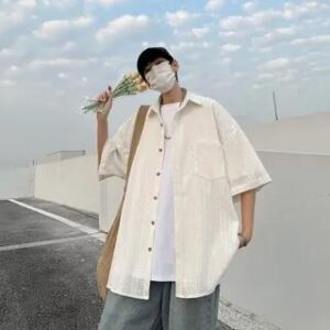 3/4-Sleeve Plain Perforated Button-Up Shirt Off-White 282398239