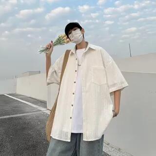 3/4-Sleeve Plain Perforated Button-Up Shirt Off-White by Cowpow