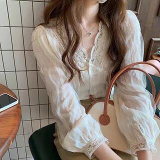Long-Sleeve V-Neck Plain Lace Trim Blouse Almond by Moon City