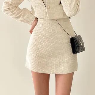Tweed Faux Pearl Button-Up Jacket / High Waist Mini A-Line Skirt Skirt - Off-White by MIKIGA