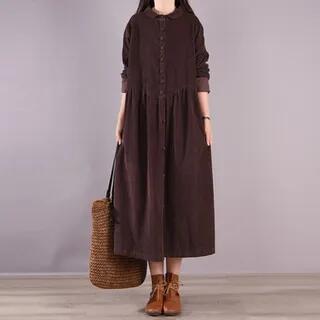 Long-Sleeve Corduroy Button-Up Midi Shirtdress Brown by Lewwe