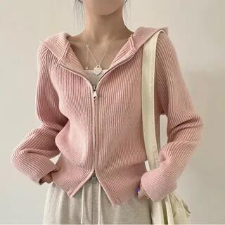 Hooded Plain Zip-Up Cardigan Pink by HYAKU