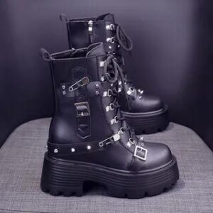 Faux Leather Platform Chunky Heel Buckled Lace-Up Short Boots With Lining - Black 282403788
