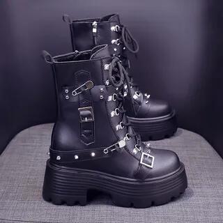 Faux Leather Platform Chunky Heel Buckled Lace-Up Short Boots With Lining - Black by Sleeko