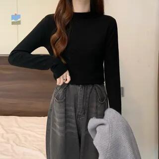 Plain Hood Zip Sweater Vest / Long-Sleeve Mock Neck Plain Top 2701 - Top - Black by monroll